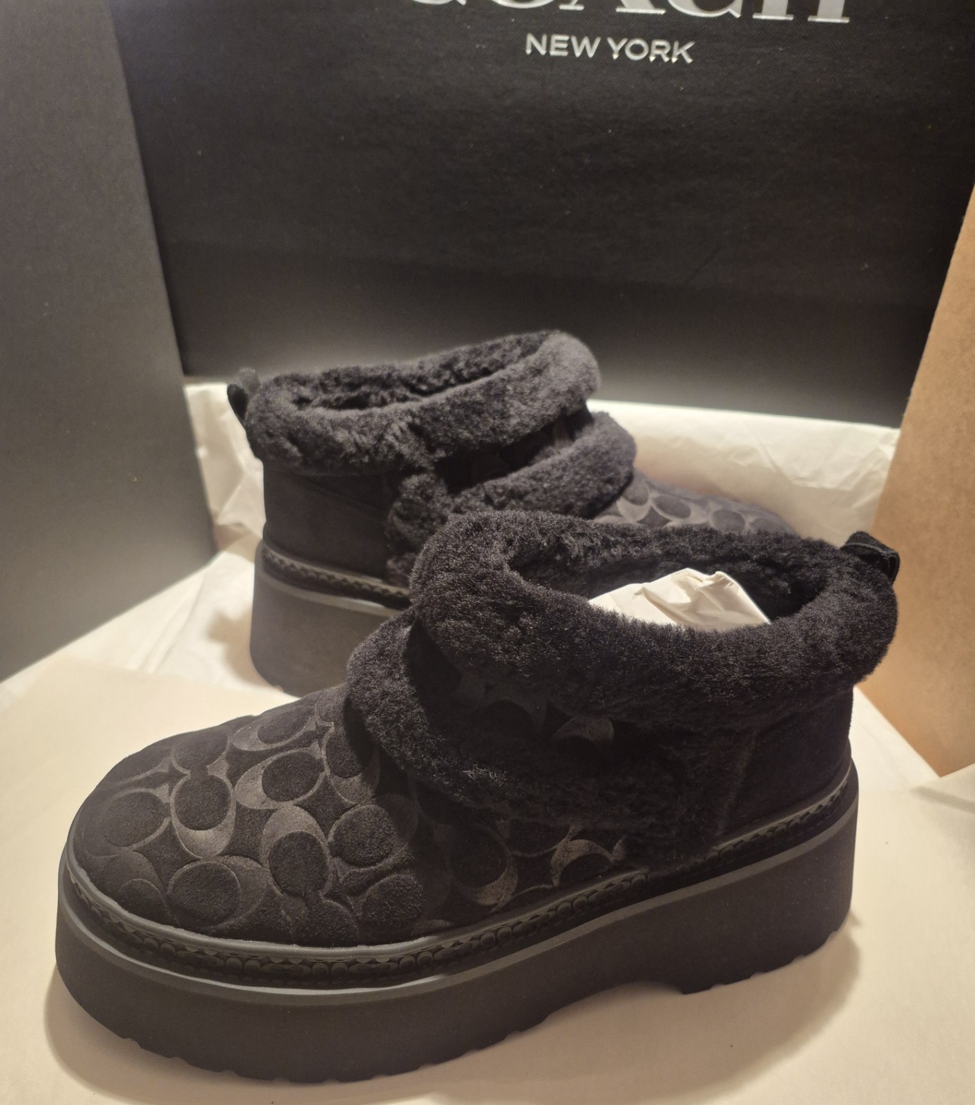 COACH CHRISTINA BOOTS SIGNATURE SHEARLING IN BLACK;SZ 9M;NIB;RET $165 SOLD OUT