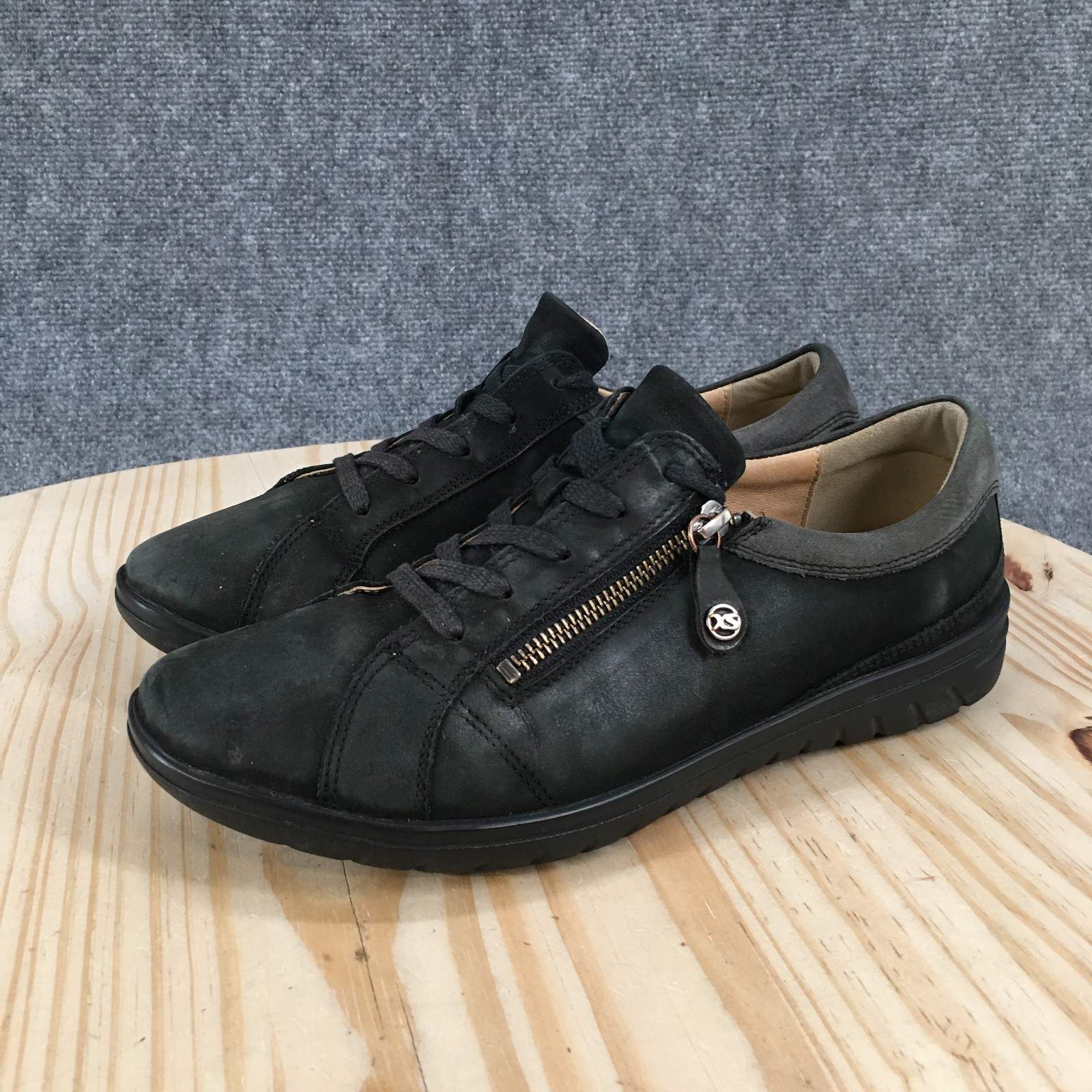 Hartjes XS Shoes Womens 8 Casual Side Zip Lace Up Sneakers Black Gray Leather