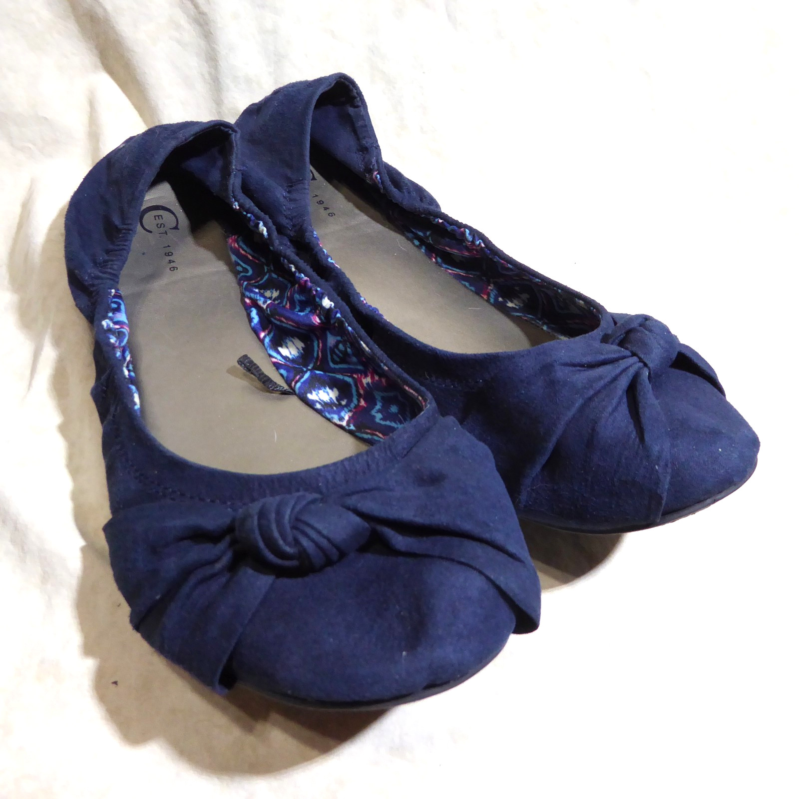 🩰 C est. 1946 Scrunch Ballet Flats 9 M Navy Blue Suede Textile; Knotted Straps