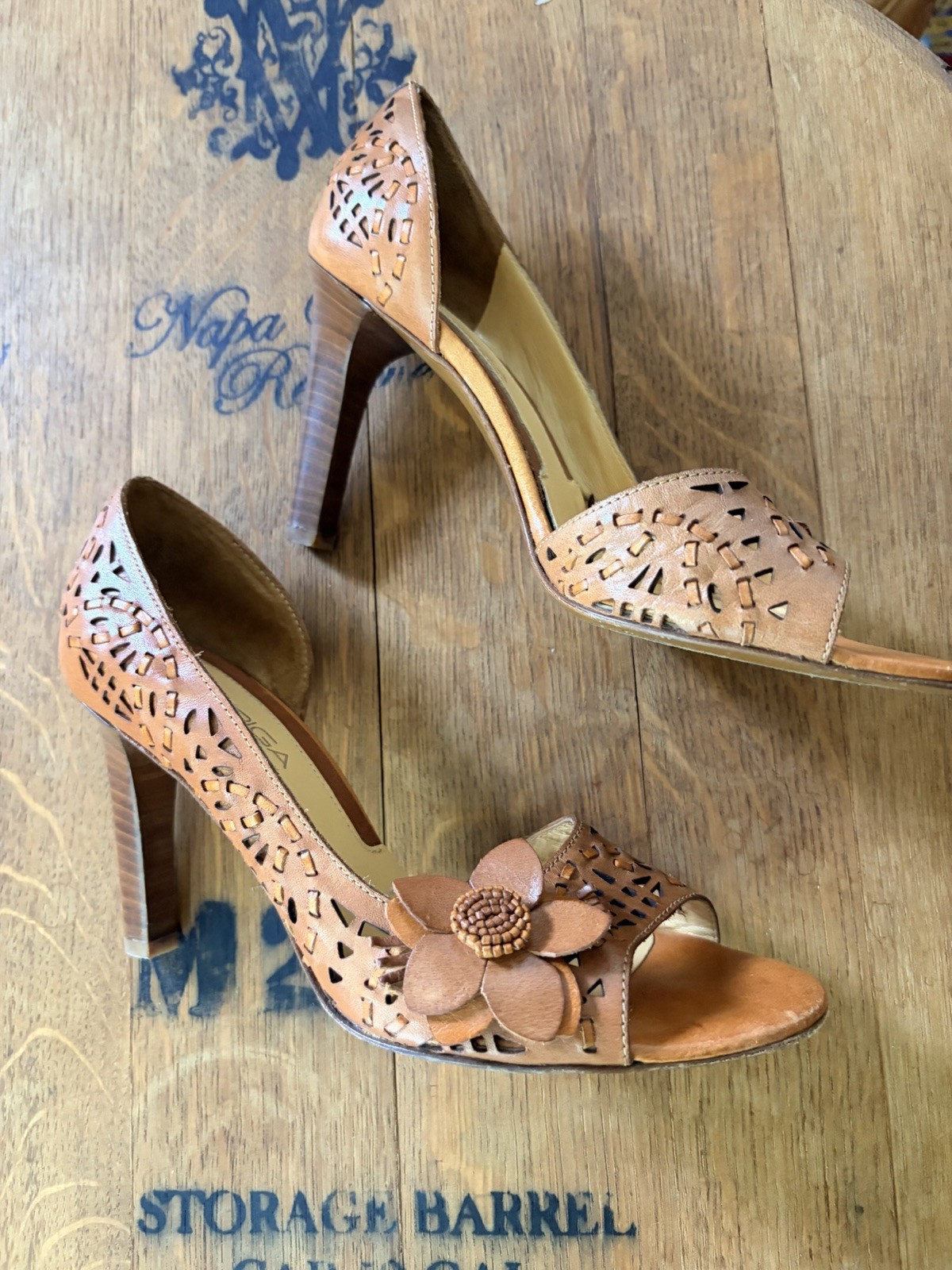 Via Spiga Tan Woven Leather Open Toe Heels With Cut Outs Womens Sz 7 Brown