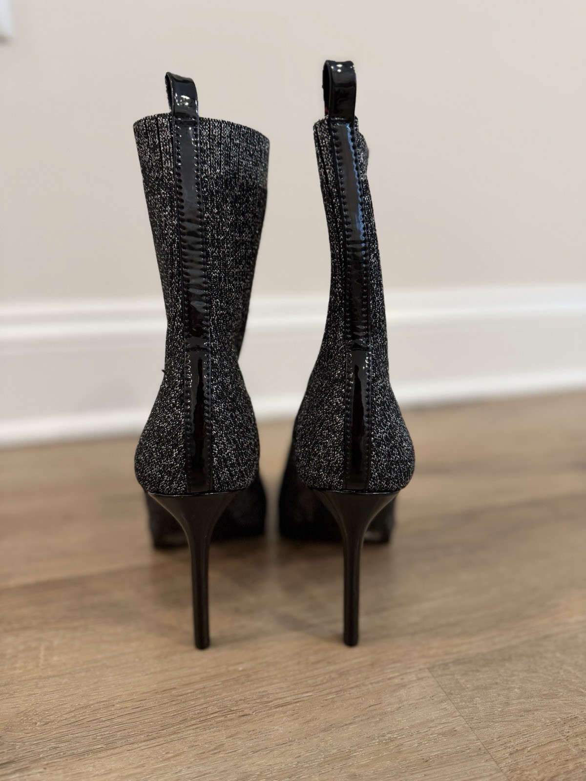 MIX No. 6 Black Silver Glitter Sock Ankle Boots Stiletto Heel Booties Women’s 7