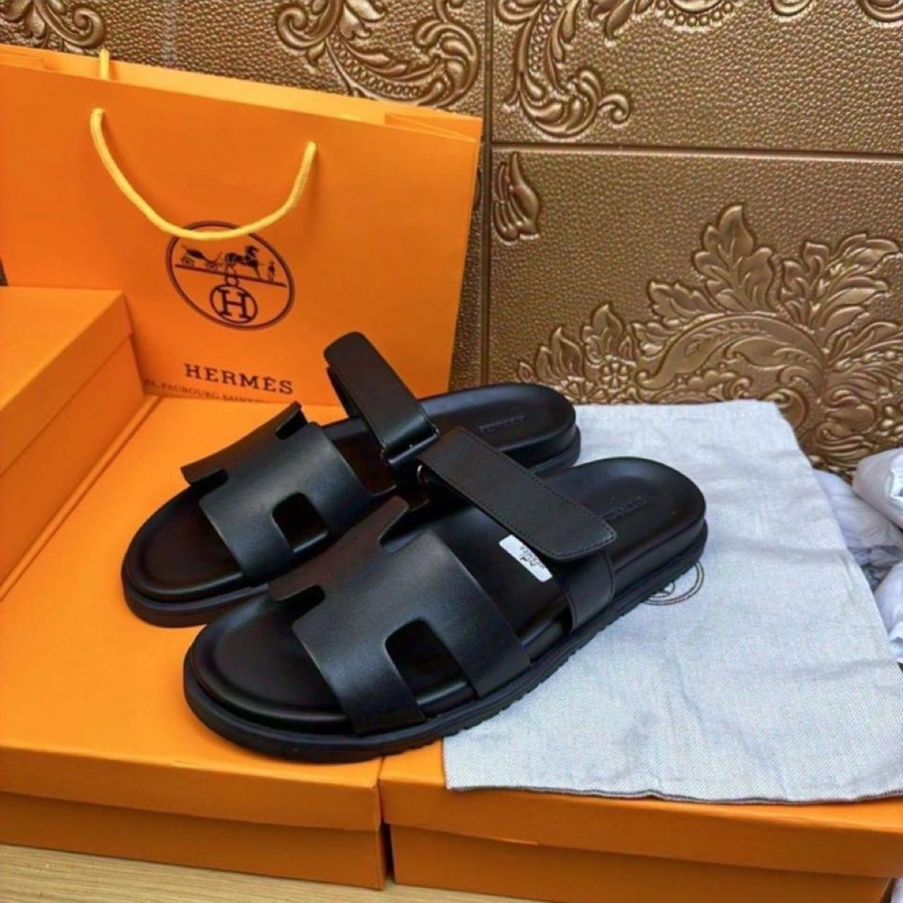 Hermes Chypre Sandals Leather Black