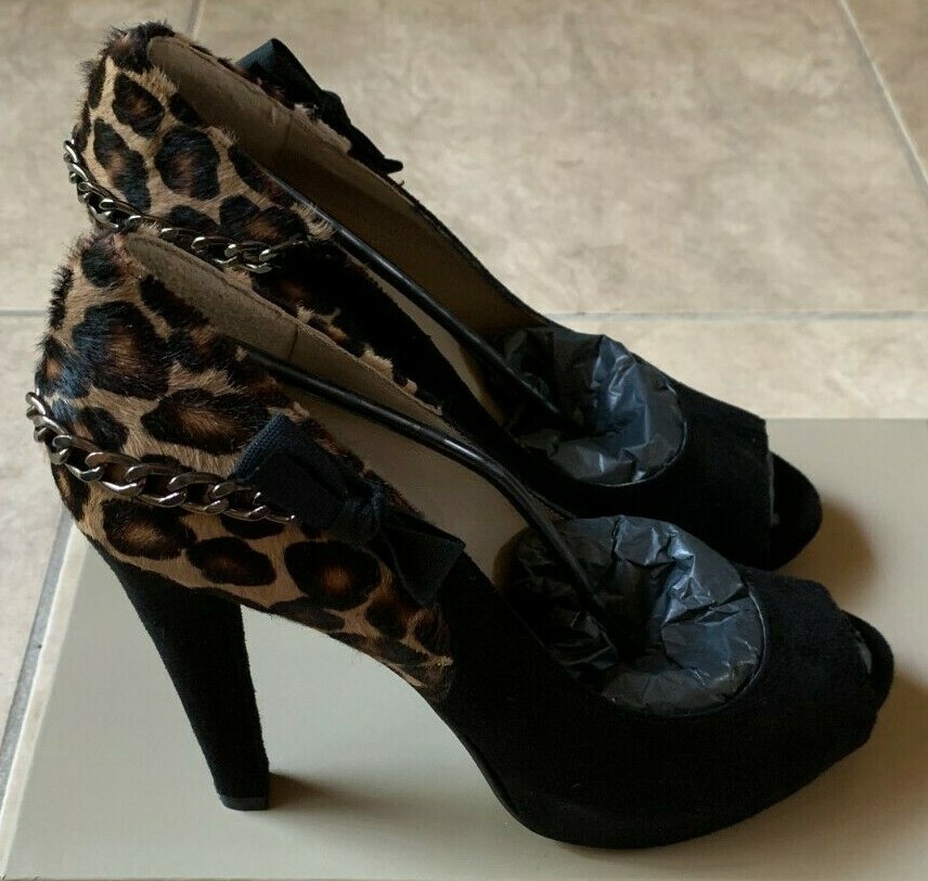 Giemme Black Suede w/ Cheetah Print & Chain Heels Womens Euro 40 US 9 NEW in Box