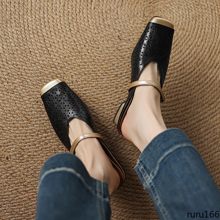 Womens Vintage Mary Jane Mules Square Toe buckle strap Cut Out Flats Daily Shoes