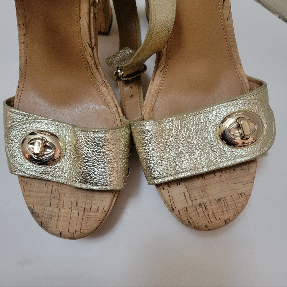 Coach Metallic Gold Leather Cork Sandals Turn-Lock Detail & Wrap Strap Boho Chic