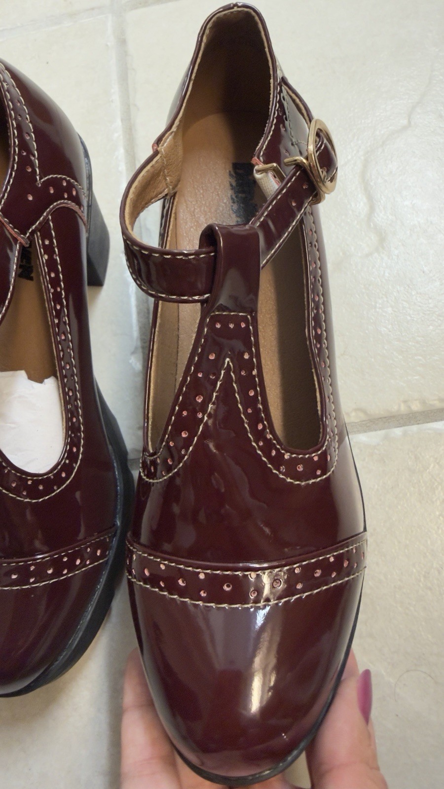 DADAWEN Women’s Burgundy Patent Leather Mary Jane Ankle Strap Buckle 7