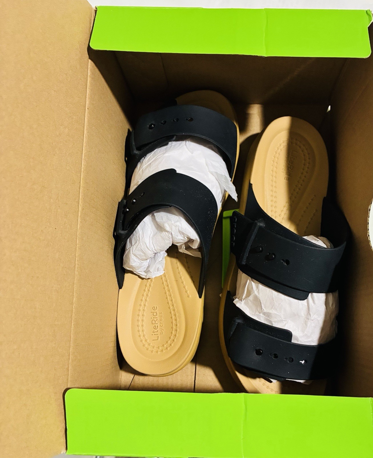 Size 6 Women Crocs Brooklyn Buckle Low Low Sandals Slip-On Wedge Black/Tan w/Box