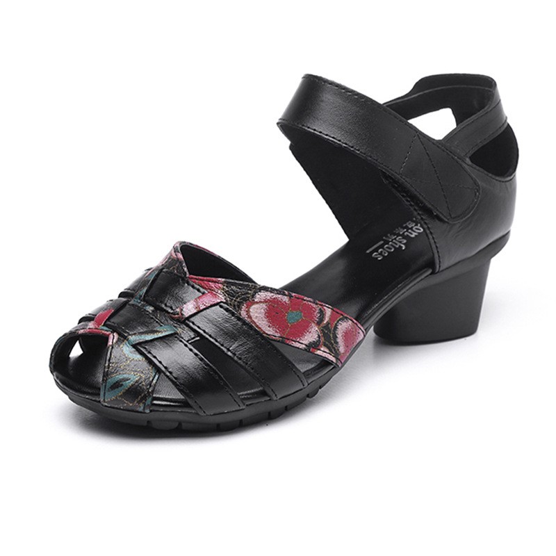 Women Closed Toe Ankle Strap Low Block Heel Red Floral Leather Sandals Shoes