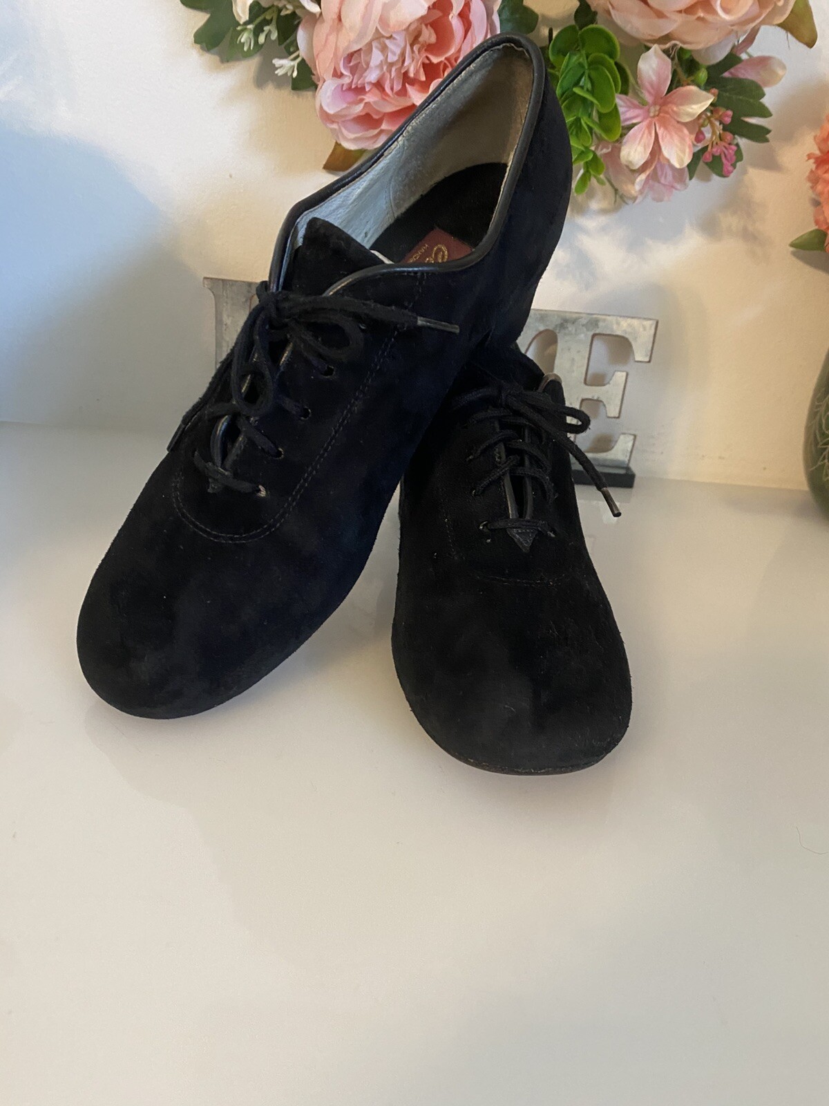 Vintage Celebrity Suede Handmade In USA Black Lace Up Heel Shoes Women Size 7.5