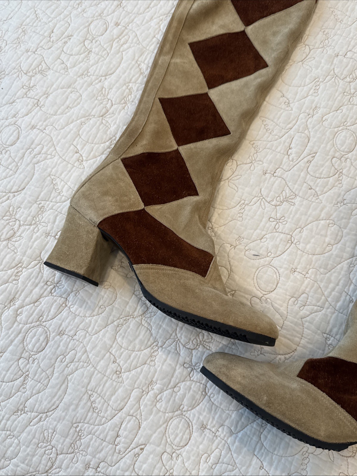 Vtg Flamenco Spain Suede Patchwork High Heel Boots Women’s 7.5 Brown Tan Leather