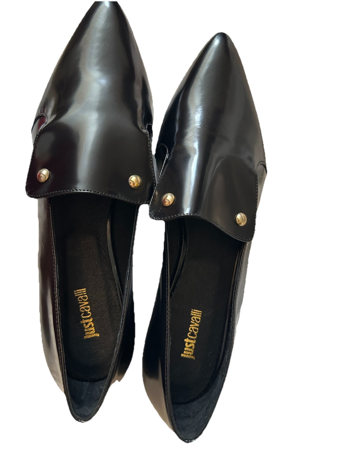 NWB Just Cavalli Black Leather Point Toe Flat Shoes EU 39 US 9