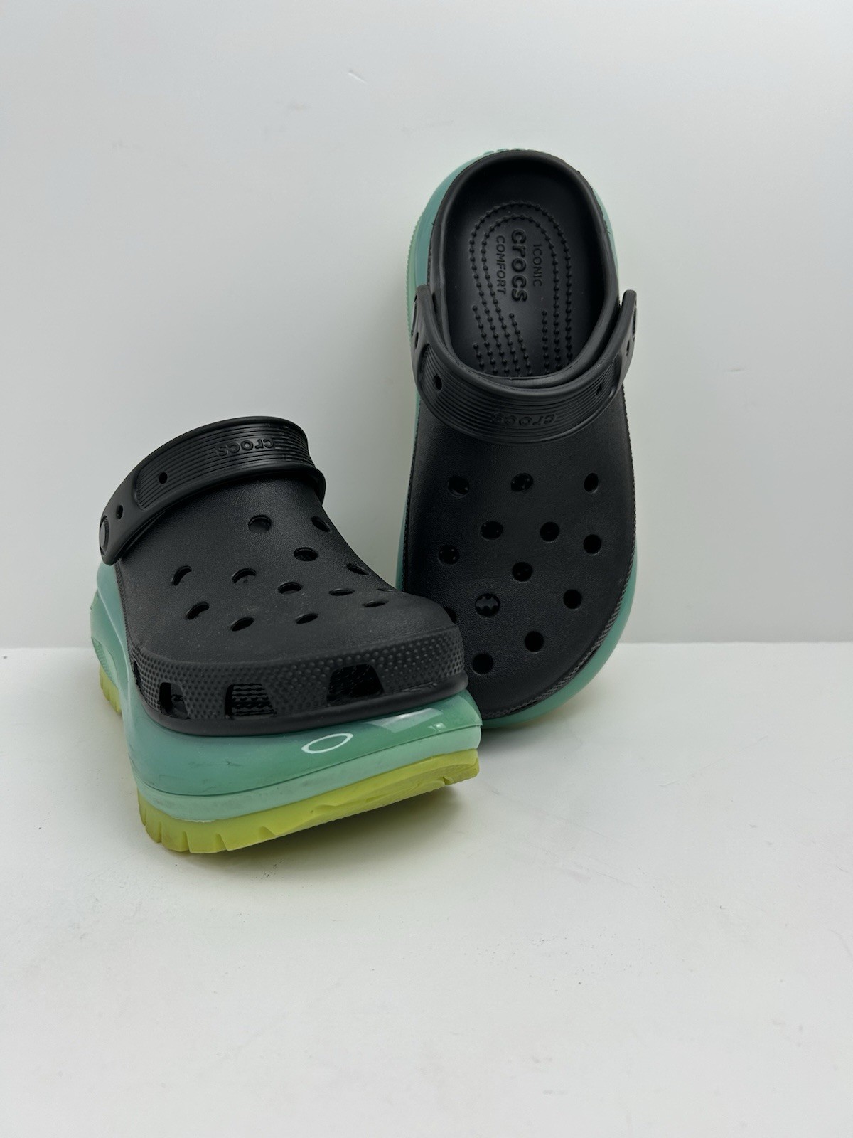 Crocs Platform Clogs Women’s Black Teal Lime Green W8 M6 Slip-On Mega Crush