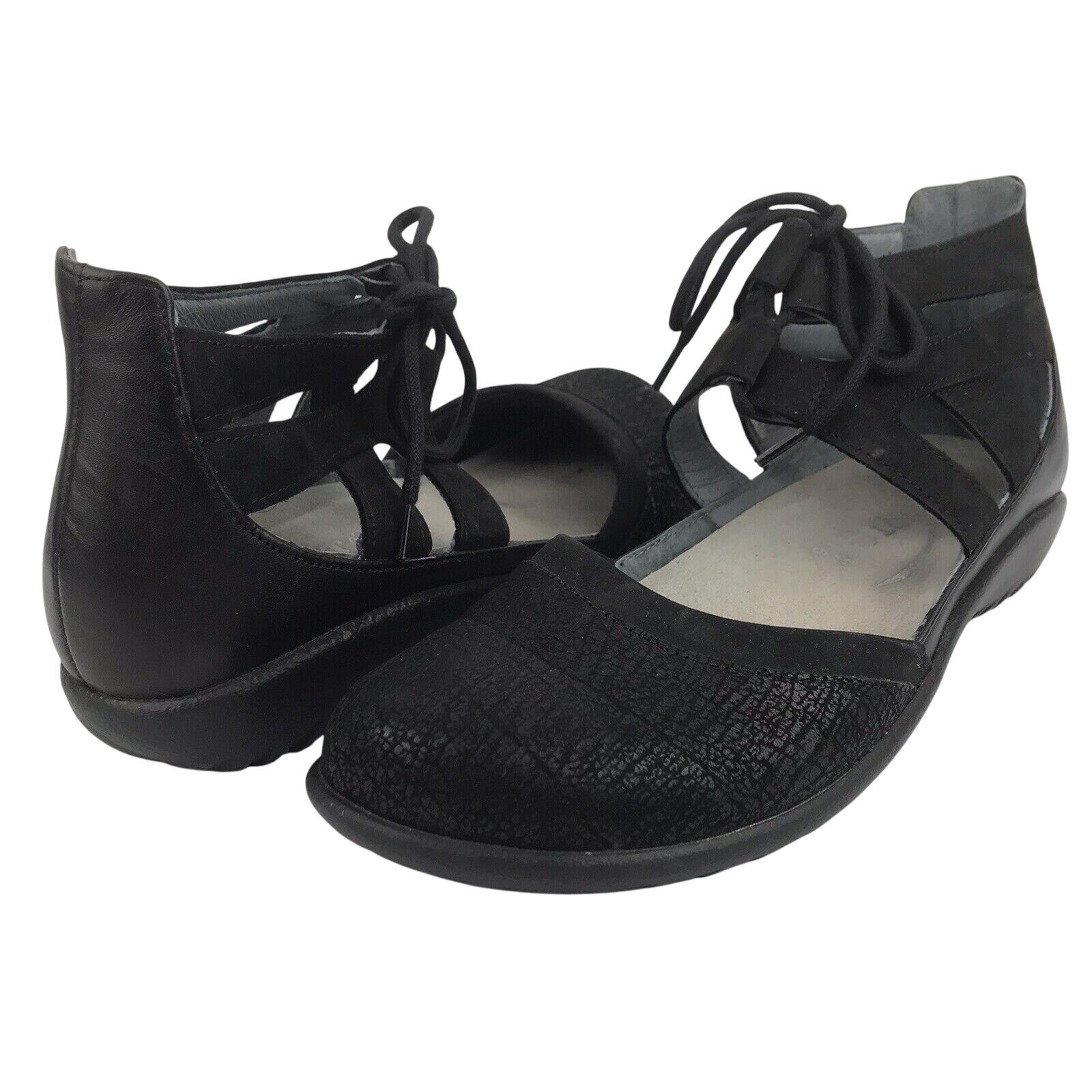 NAOT Kata Sandals Black Crackle Lace Up Ankle Strap Closed Toe Sz EU 37 US 6-6.5