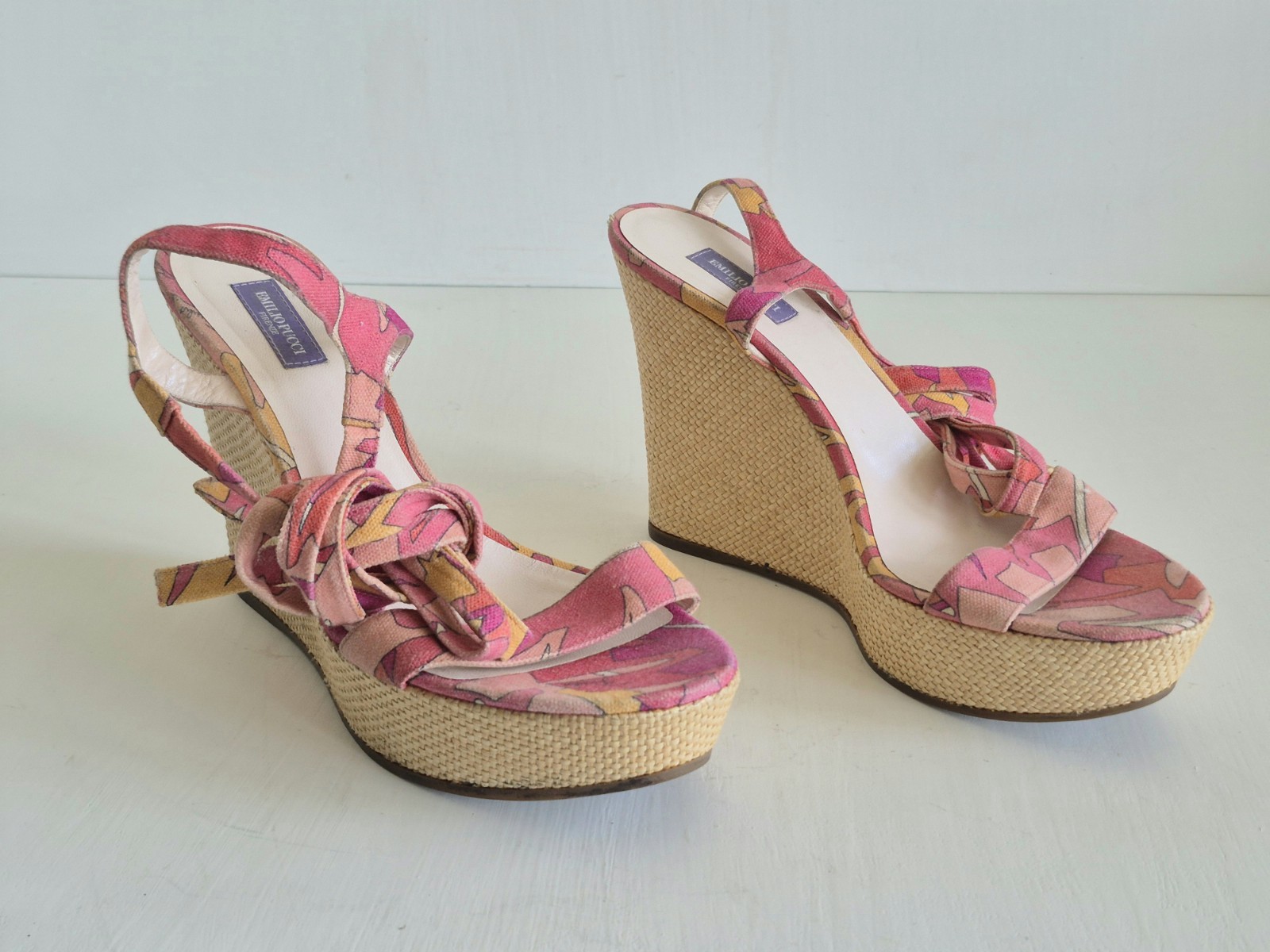 Emilio Pucci Italy Espadrille Multicolor Print Ankle Tie Wedges SZ 9 U S/EU 40