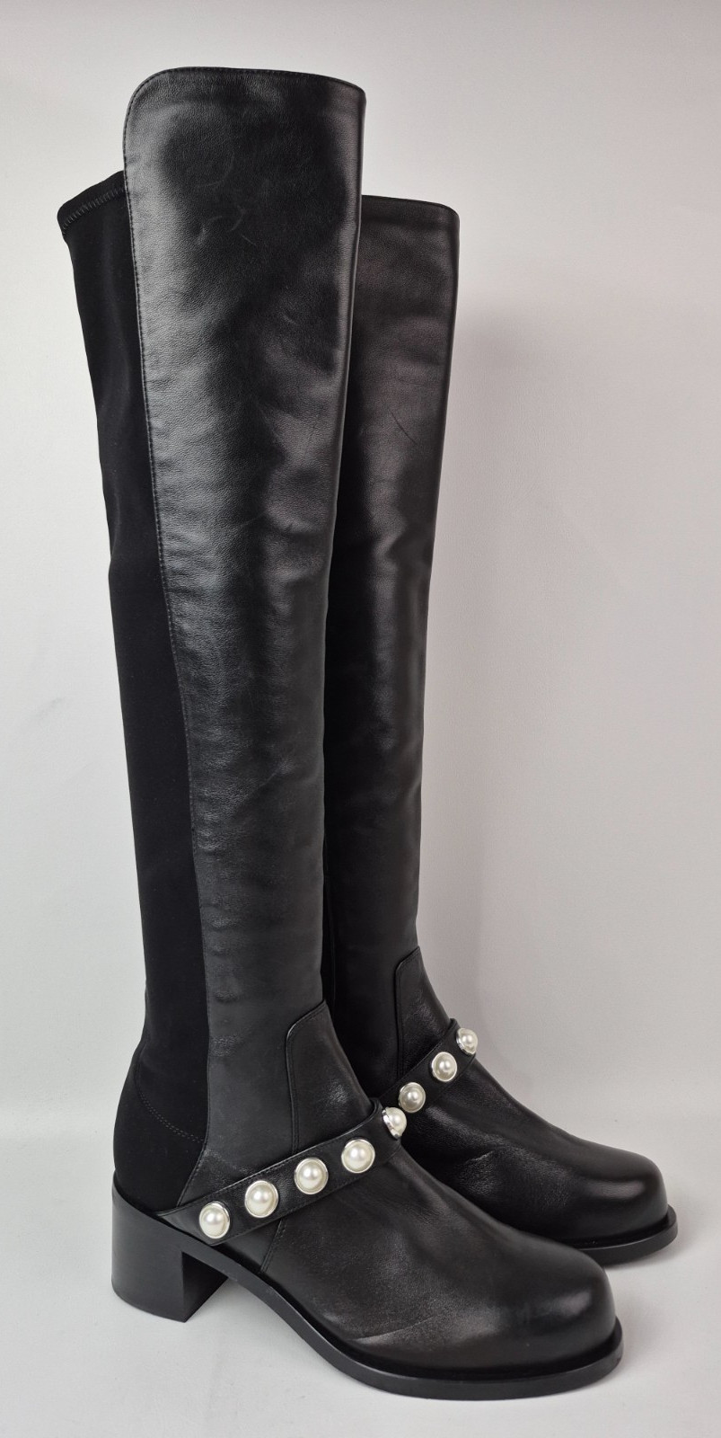 Stuart Weitzman Women’s Black Portia 5050 Studded Pearl Boots Size 9