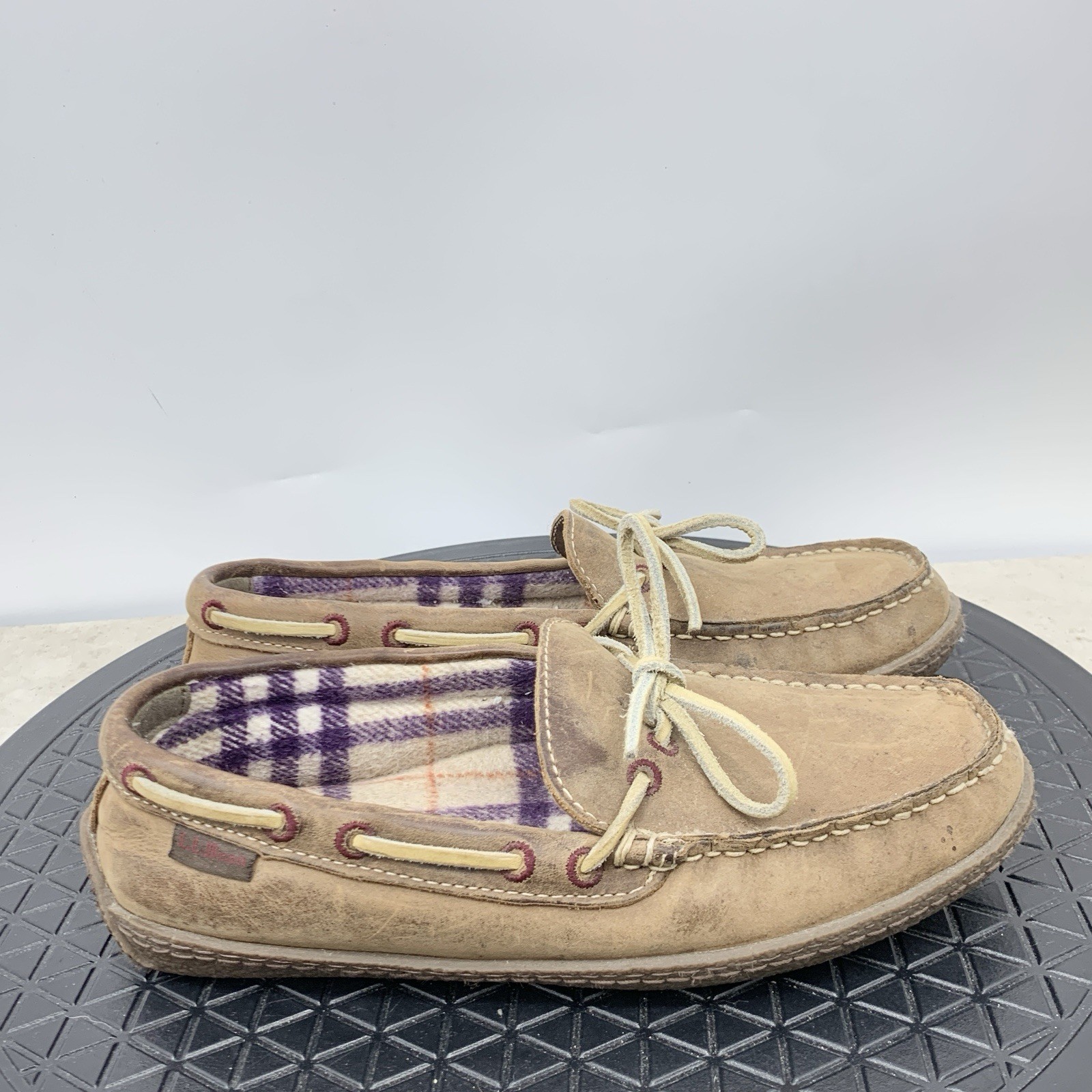 LL Bean Slippers Women Size 7 Shoes Brown Leather Flannel Lined Mocs Loafers