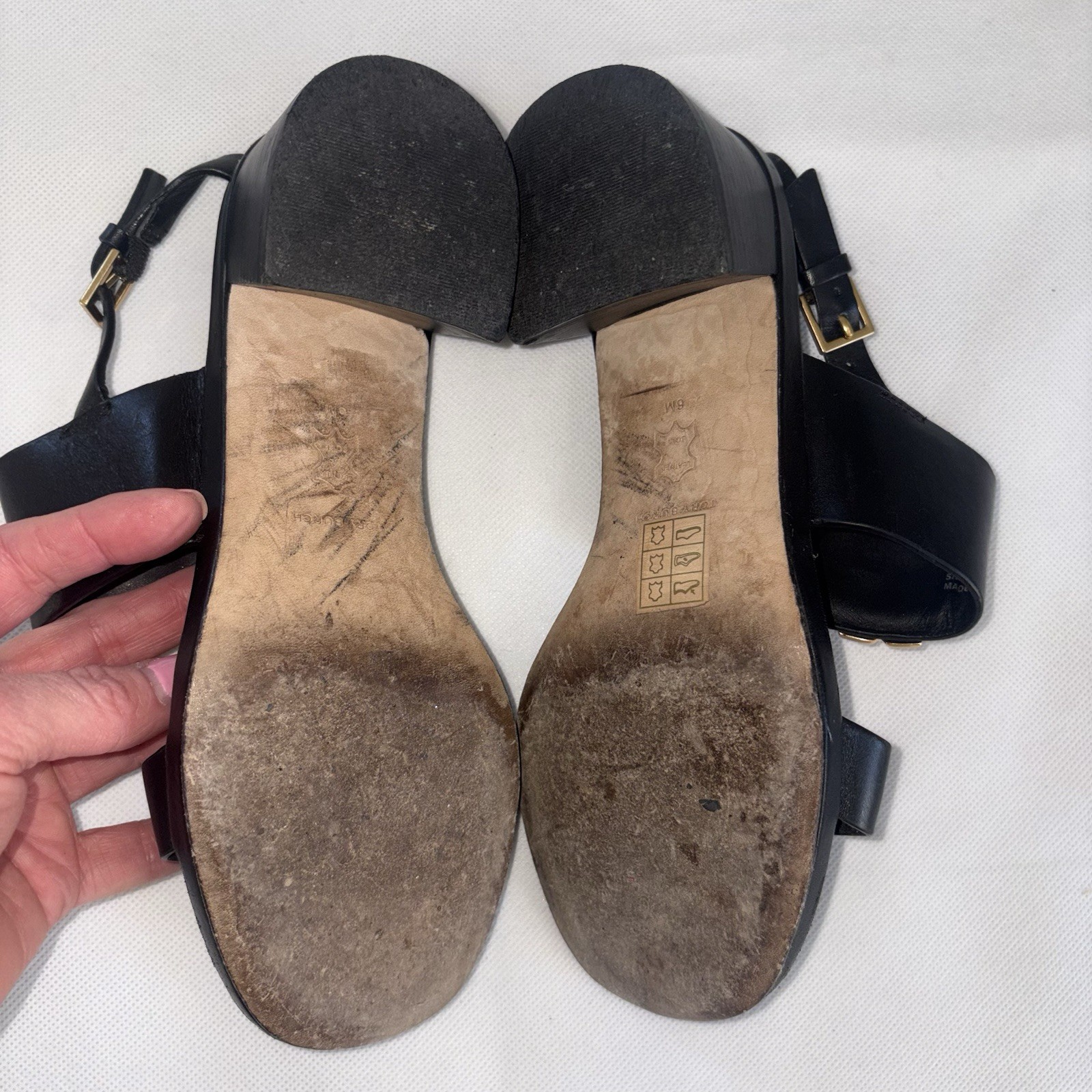 Tory Burch Eleanor Black Leather Block Heel Slingback Sandals US 6 Gold Logo