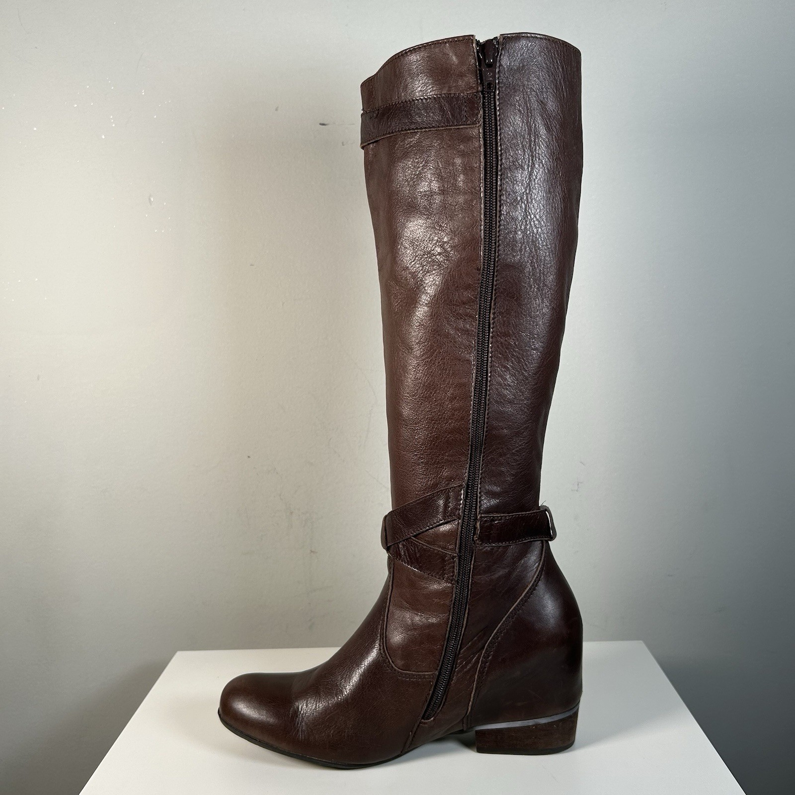 Miz Mooz Brown Brown Leather Moto Buckle Strap Hidden Wedge Boot Sz 8.5