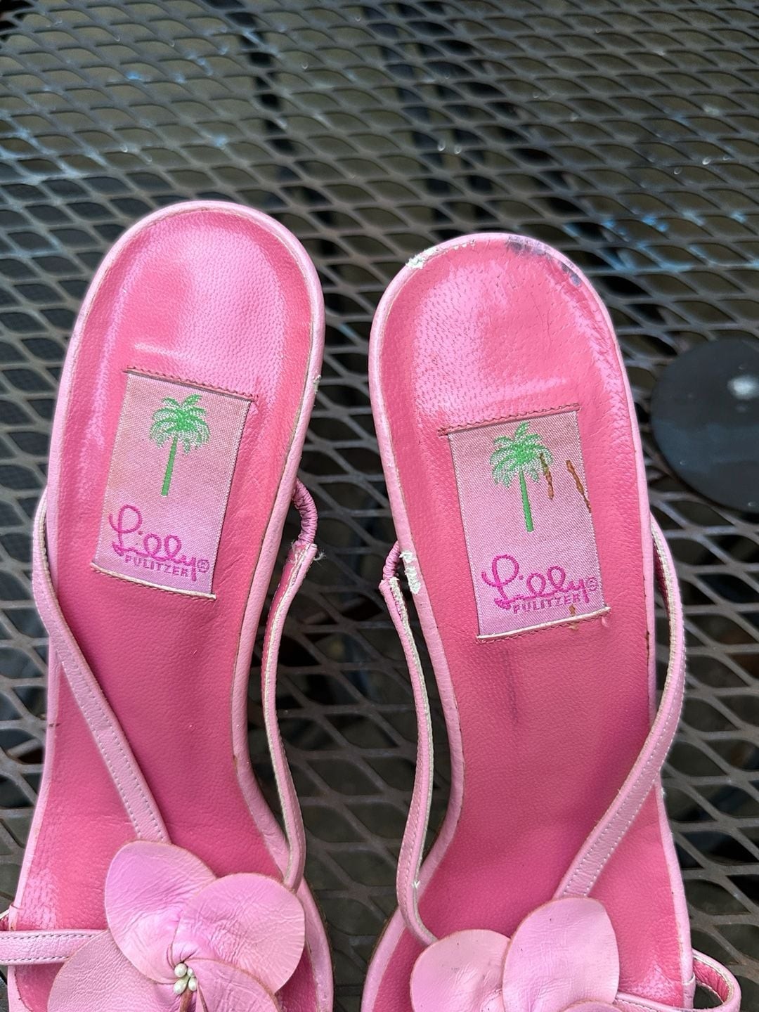 Lilly Pulitzer Pink Leather Flower Embellished High Heel Sandals, Made in Italy