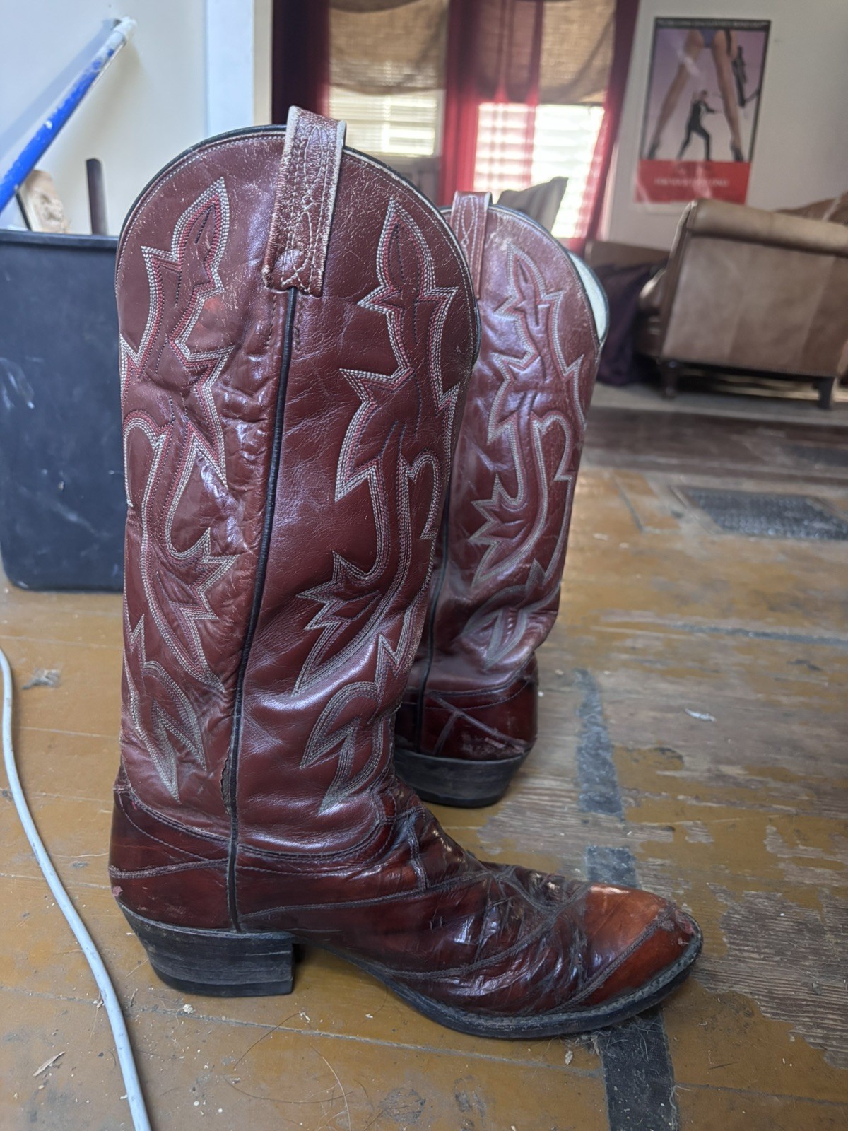 Vintage Tony Lama Eel Skin Western Boots Mens 11 D Red Burgundy Cowboy
