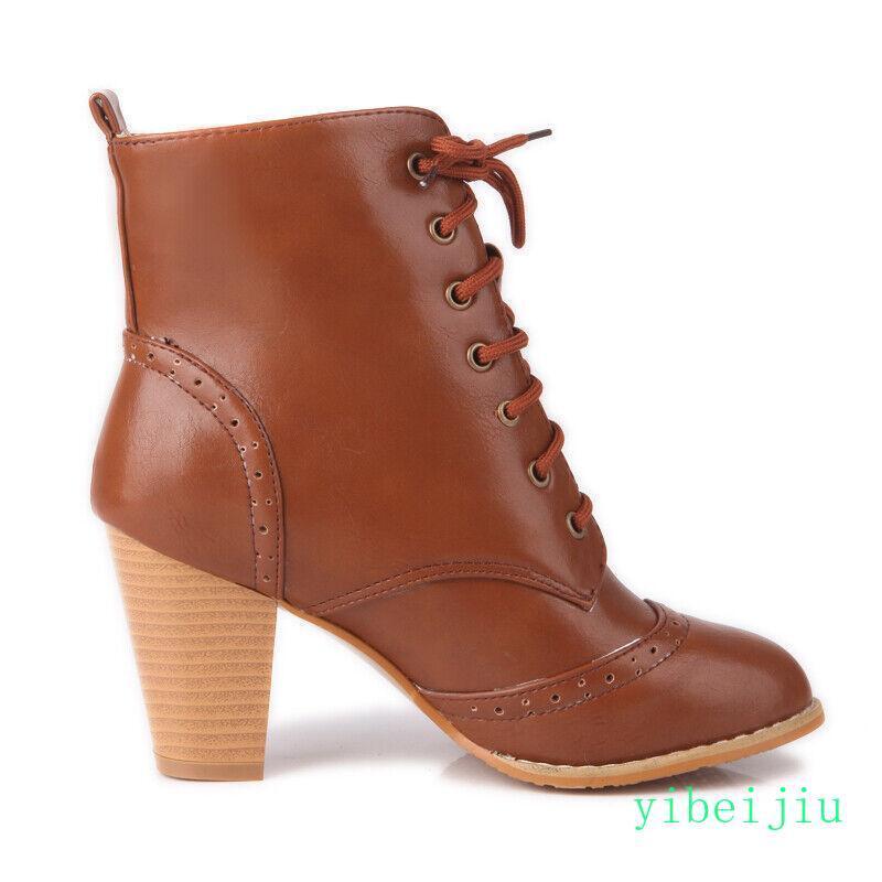 Spring Womens Round Toe Leather Lace Up Ankle Boots Mid Heel Shoes Plus Size NEW