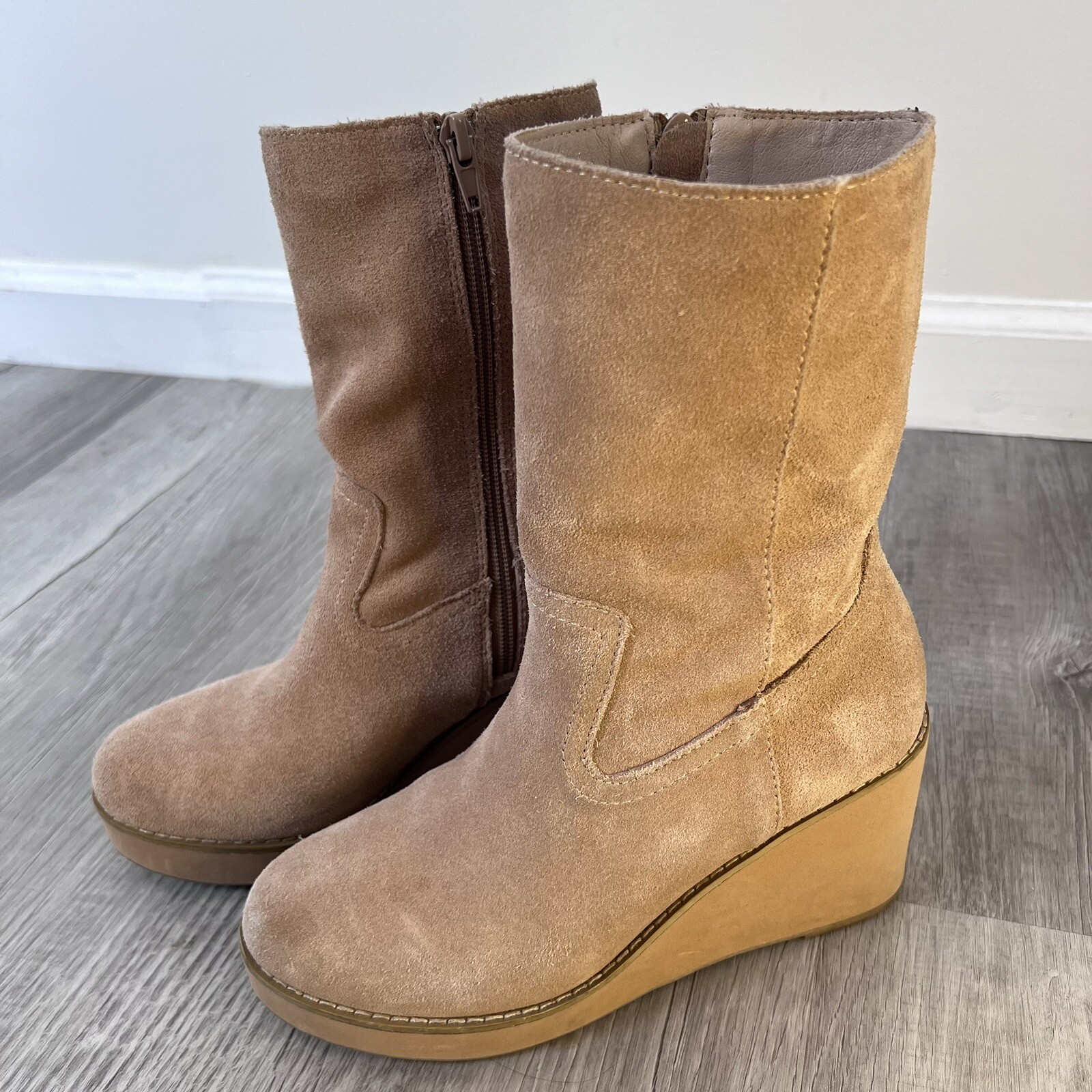 Coconuts Matisse Tan Suede Leather Comet Mid Calf Wedge Zipper Boots 6.5
