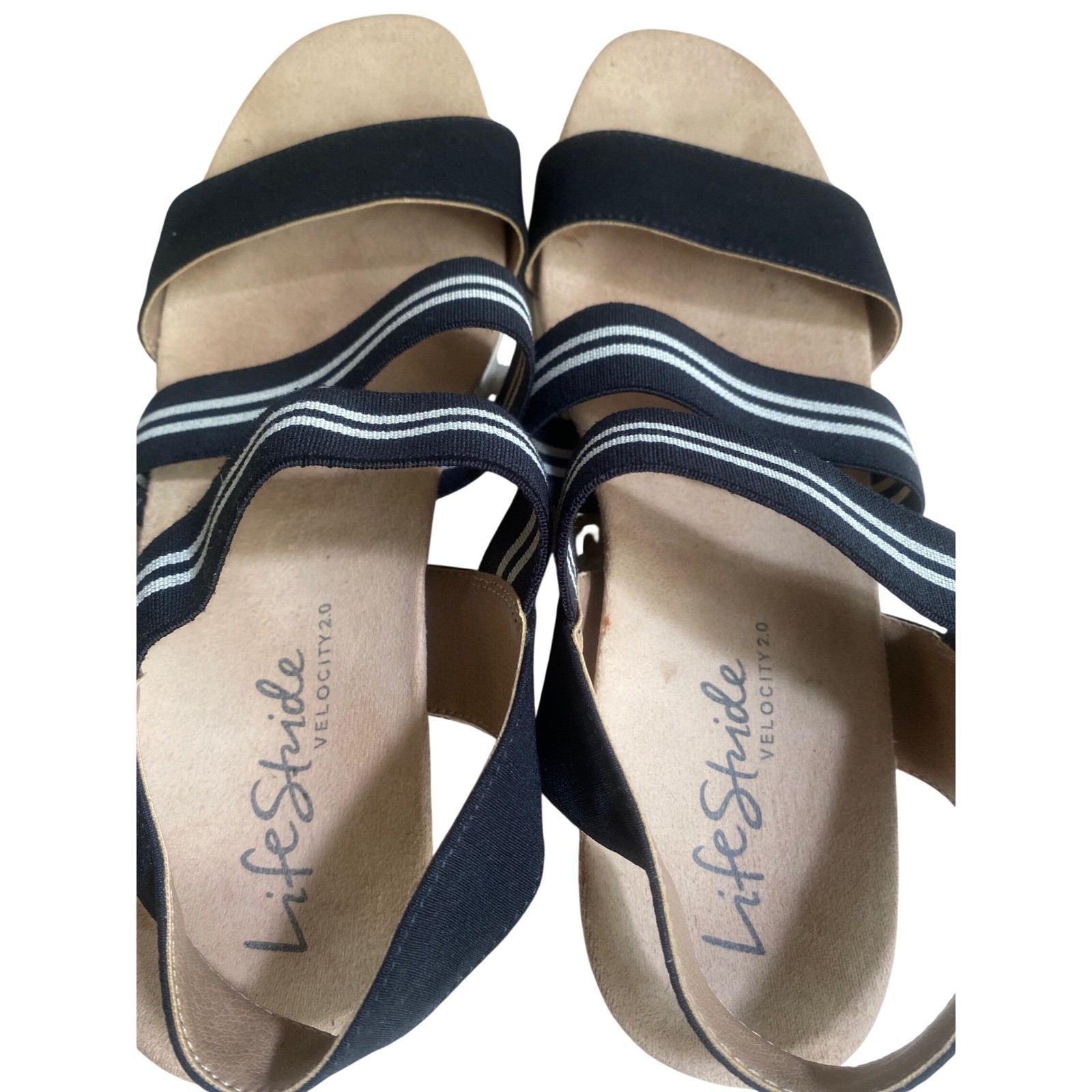 LifeStride Sunshine Black Striped Elastic Wedge Sandals Womens 9M Velocity 2.0