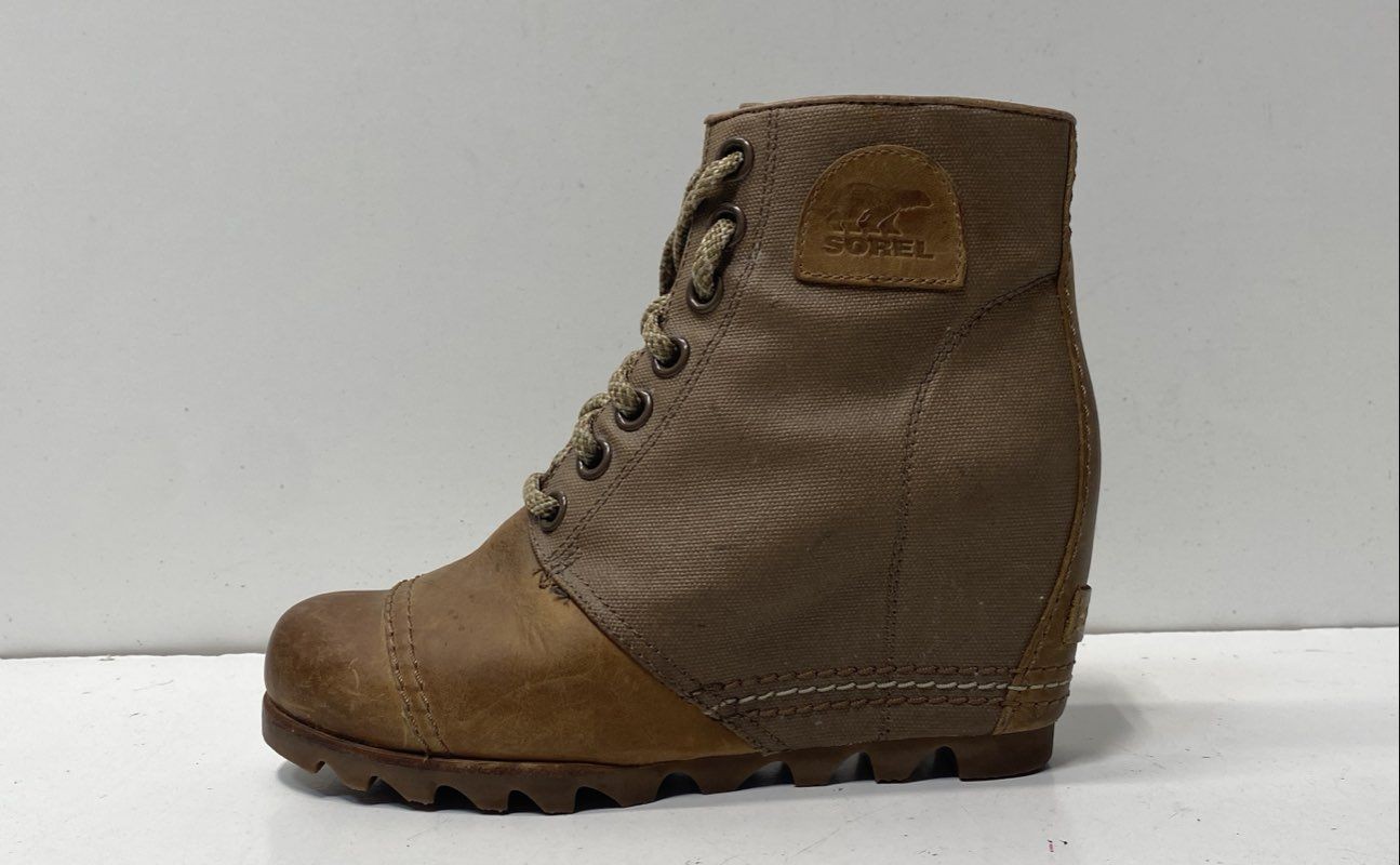 Sorel Lea Wedge British Tan Major Canvas Leather Ankle Boots Women’s Size 7