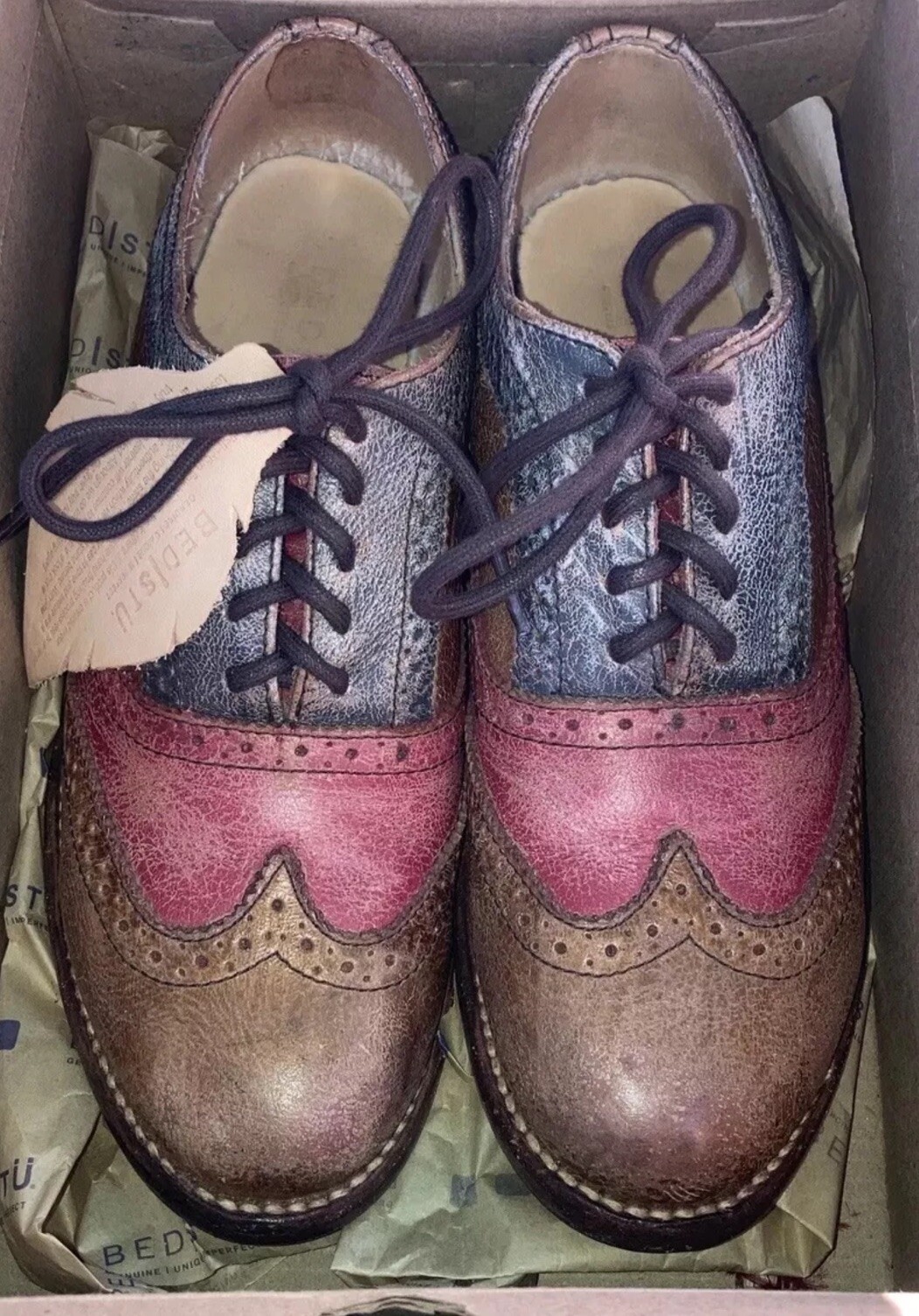 Bed|Stu Lita Red(pink)/Caramel(tan)/ Silver Lux(Blue)Leather Handmade Oxford 7.5