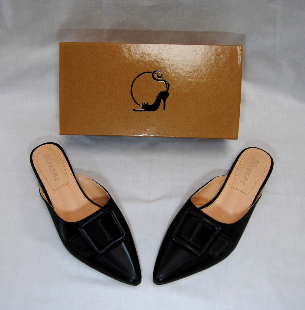 Divanne Women’s Buckle Black Satin Loafer Mule Slip-On Pointed Toe Shoes T2336