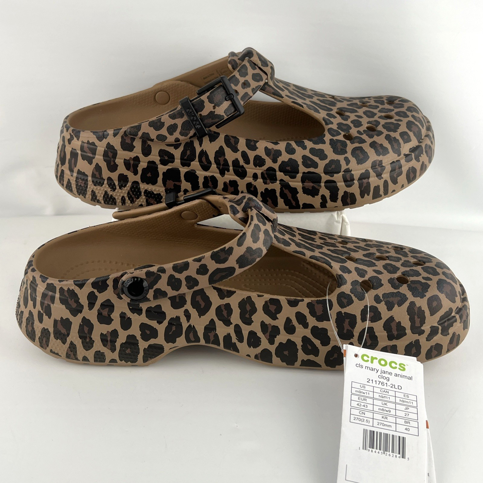 Crocs Classic Mary Jane M9/W11 Clog Leopard Animal Print Buckle Adjustable Strap