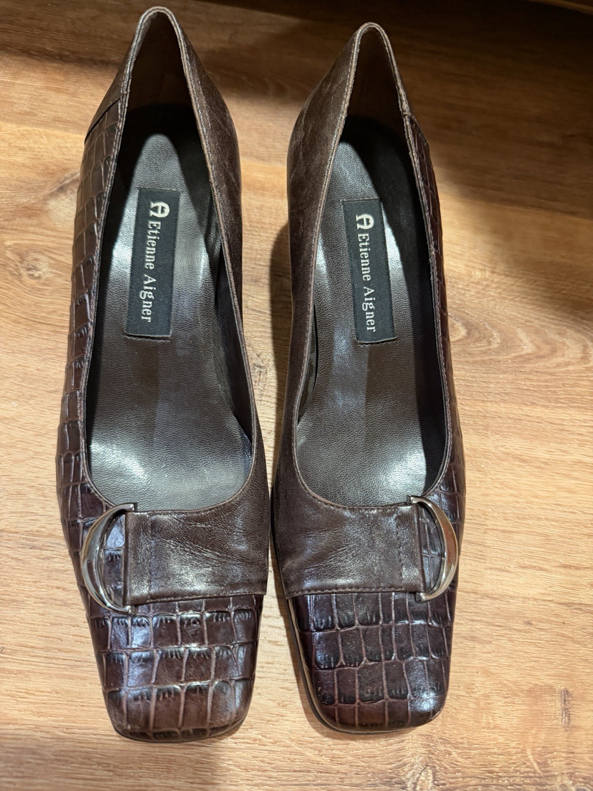 Etienne Aigner Brown Croc Embossed Square Toe Buckle Pump Heels 7.5 M