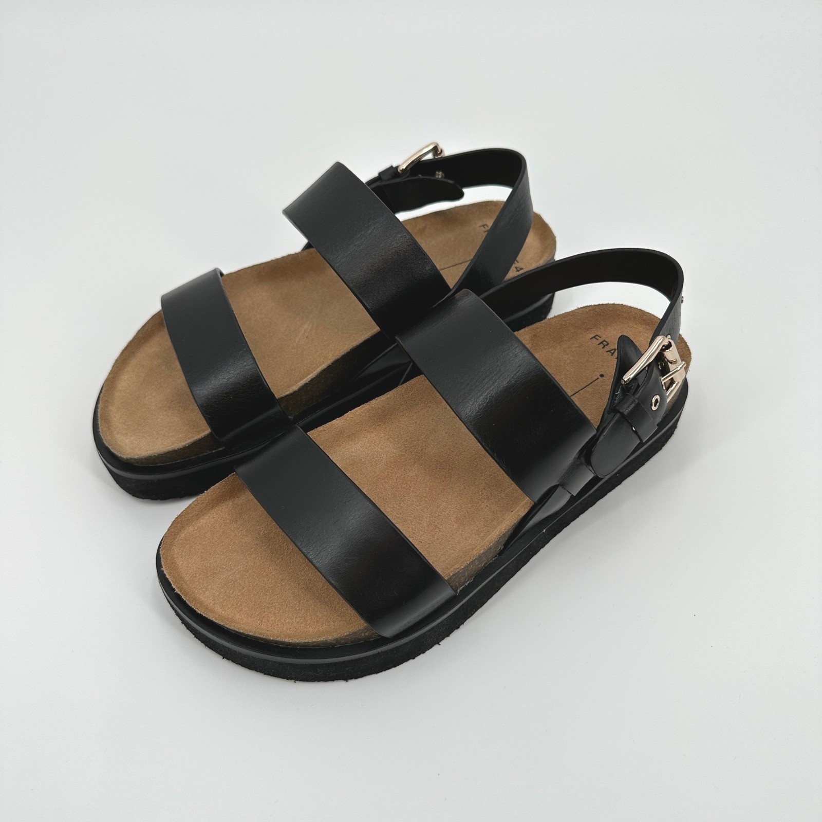 Frankie4 Hunter Black Leather Platform Sandals Womens 7 Cork Footbed NWOB