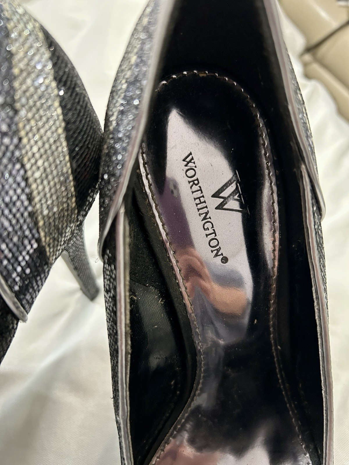 Worthington Women’s Black/Silver Glitter Peep Toe Stiletto Slip-On Pumps 7.5