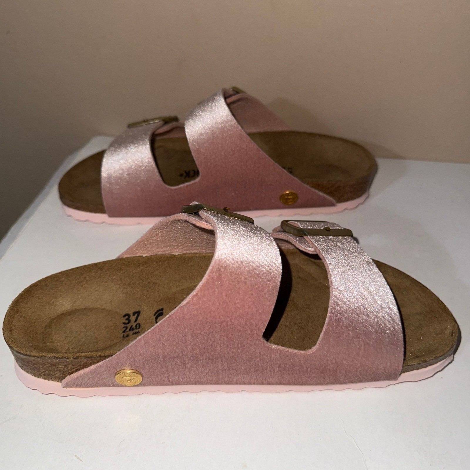 Birkenstock Arizona Rivet Logo Light Rose Pink Velvet Shimmer Sandals 37 Narrow
