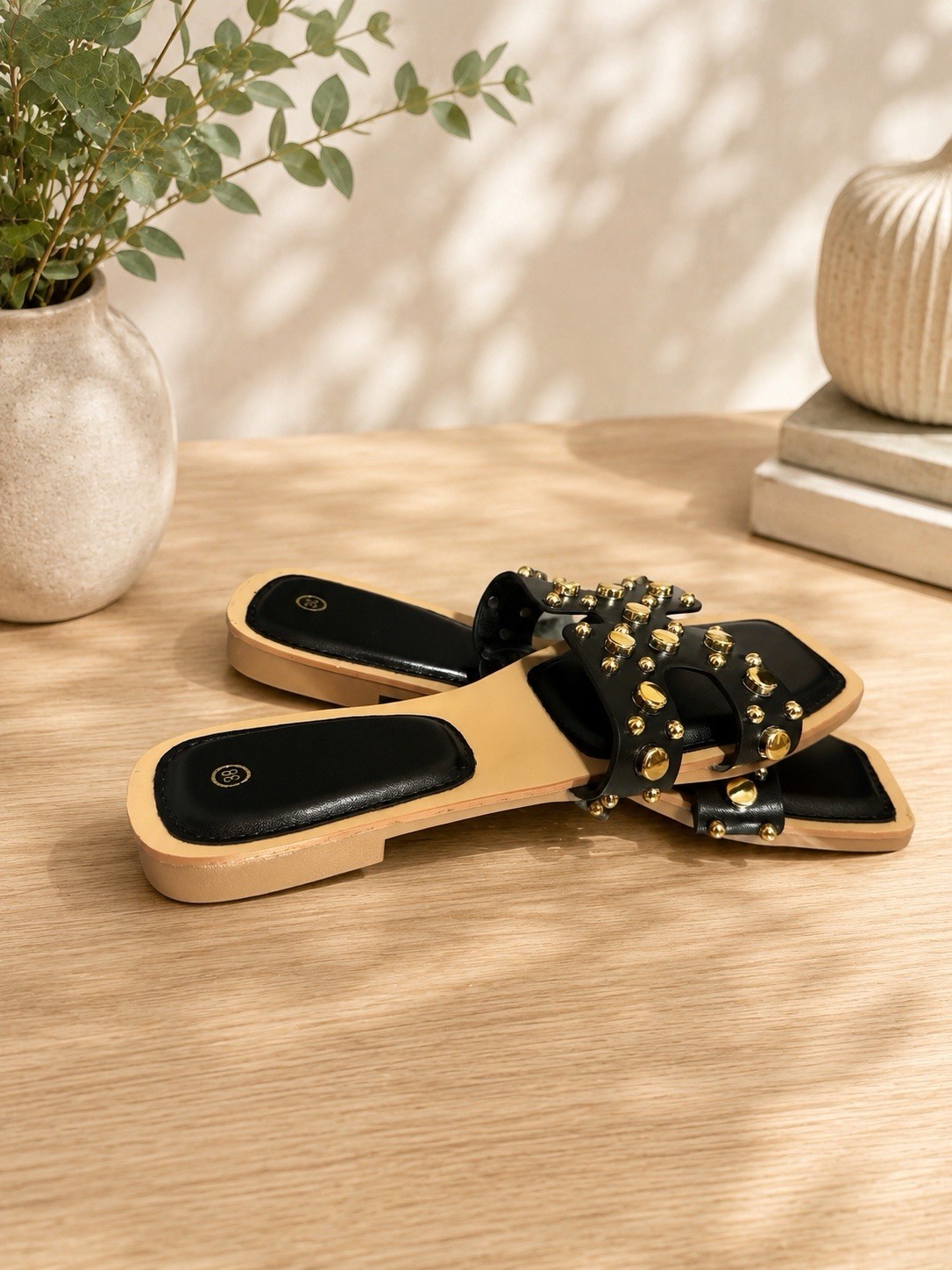 Black Beige Gold Studded Slide Sandals Women Slip-On Straps Solid Size 7