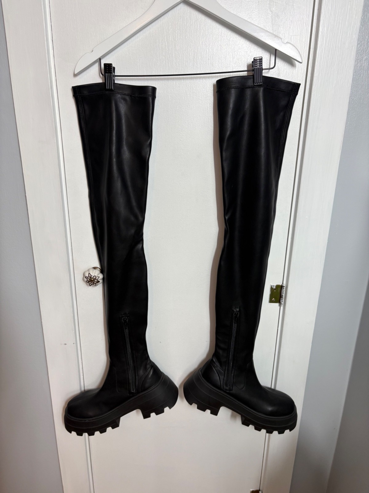ASOS Design Italy «KAYA» Black PU Dominatrix Chunky Platform Thigh Boots 8M EUC