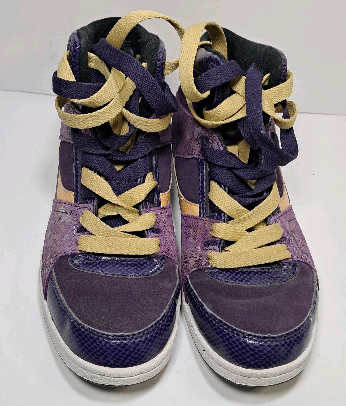 Vintage ETNIES High Top Skater Shoes Size 6.5 Ollie King, Purple & Gold