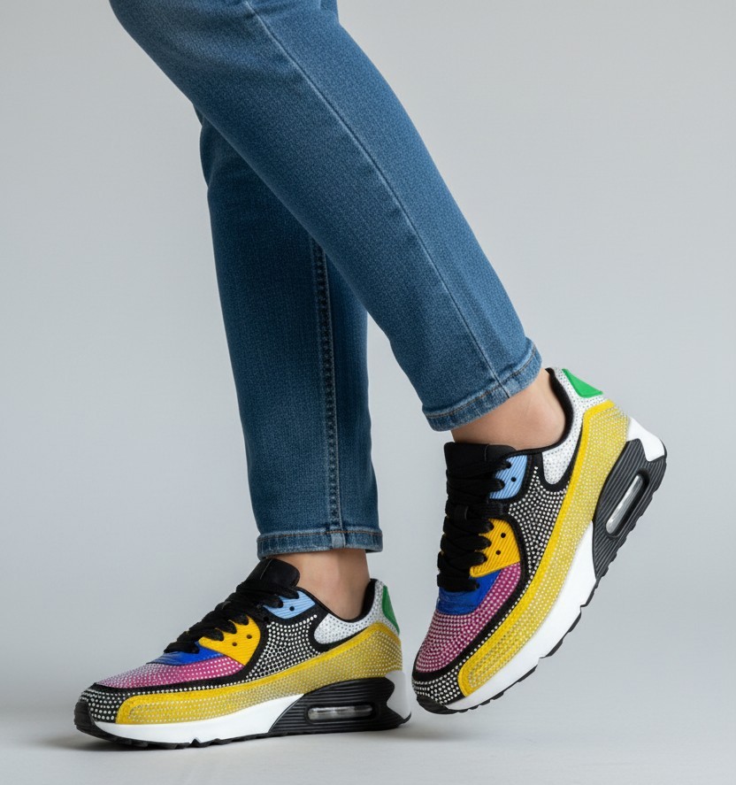Berness Women Rhinestone Sneakers Colorful Chunky Bling Lace QUEEN Multi Black
