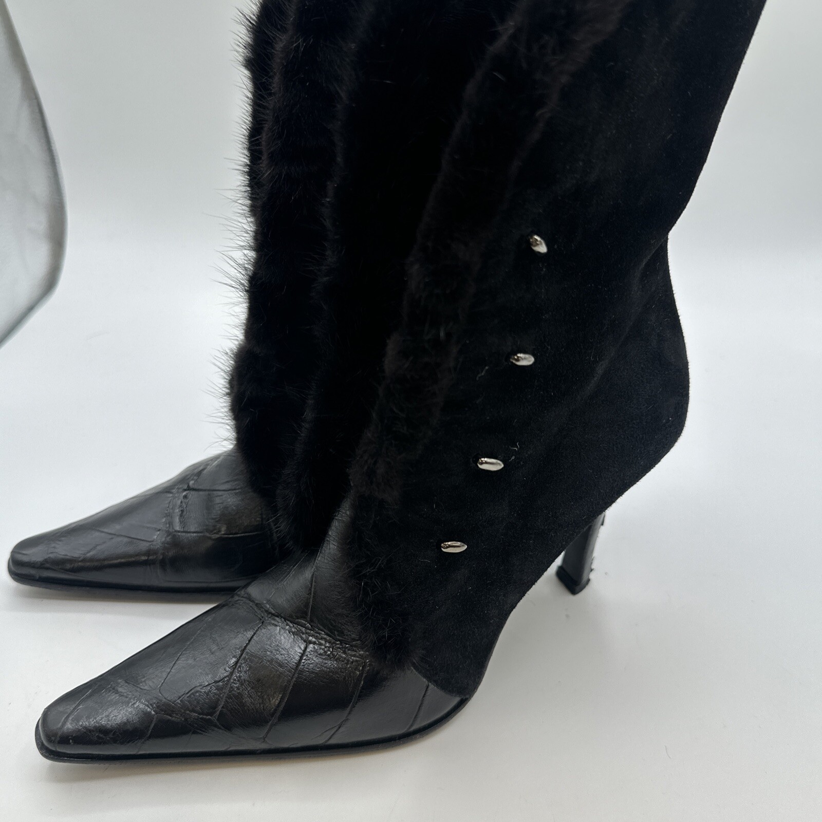Mauri Boots Womens 9.5 Black Suede Alligator Mink Fur Trim Witchy Gothic Italy