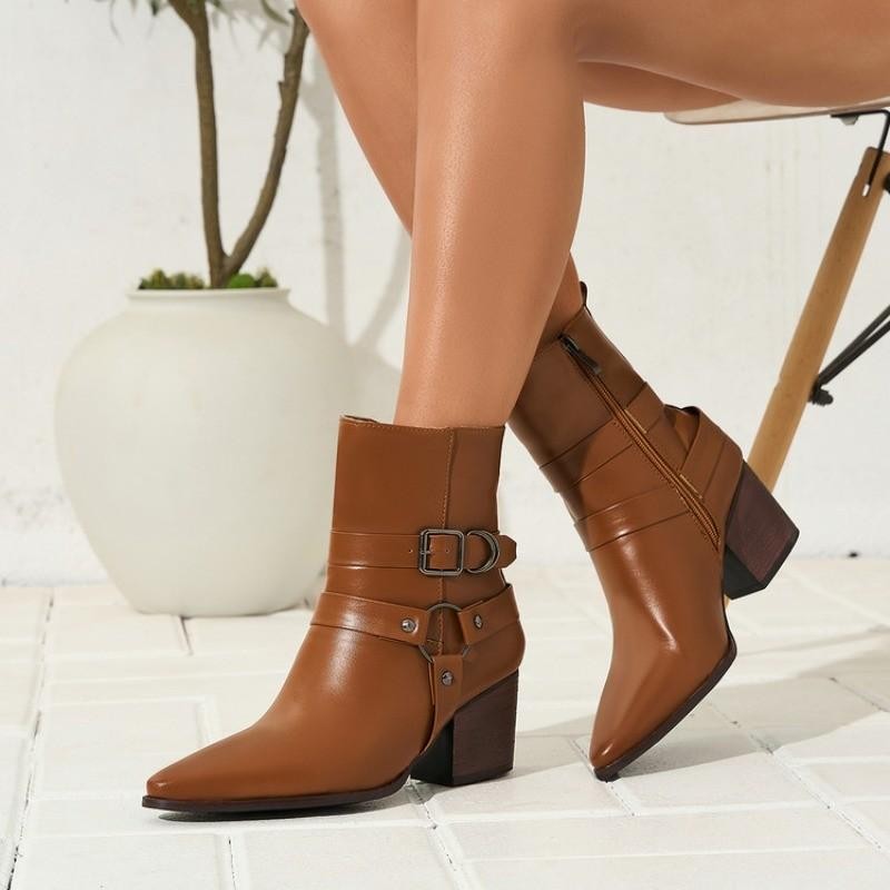Women’s Faux Leather Zip Pointed Toe Ankle Boots Casual Party Block Heels Shoes