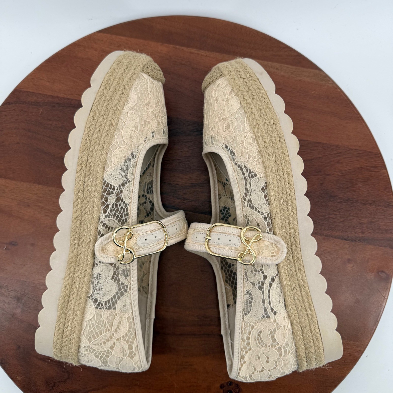 Sam & Libby Mary Jane Espadrille Women Beige Floral Lace Platform Shoes 10