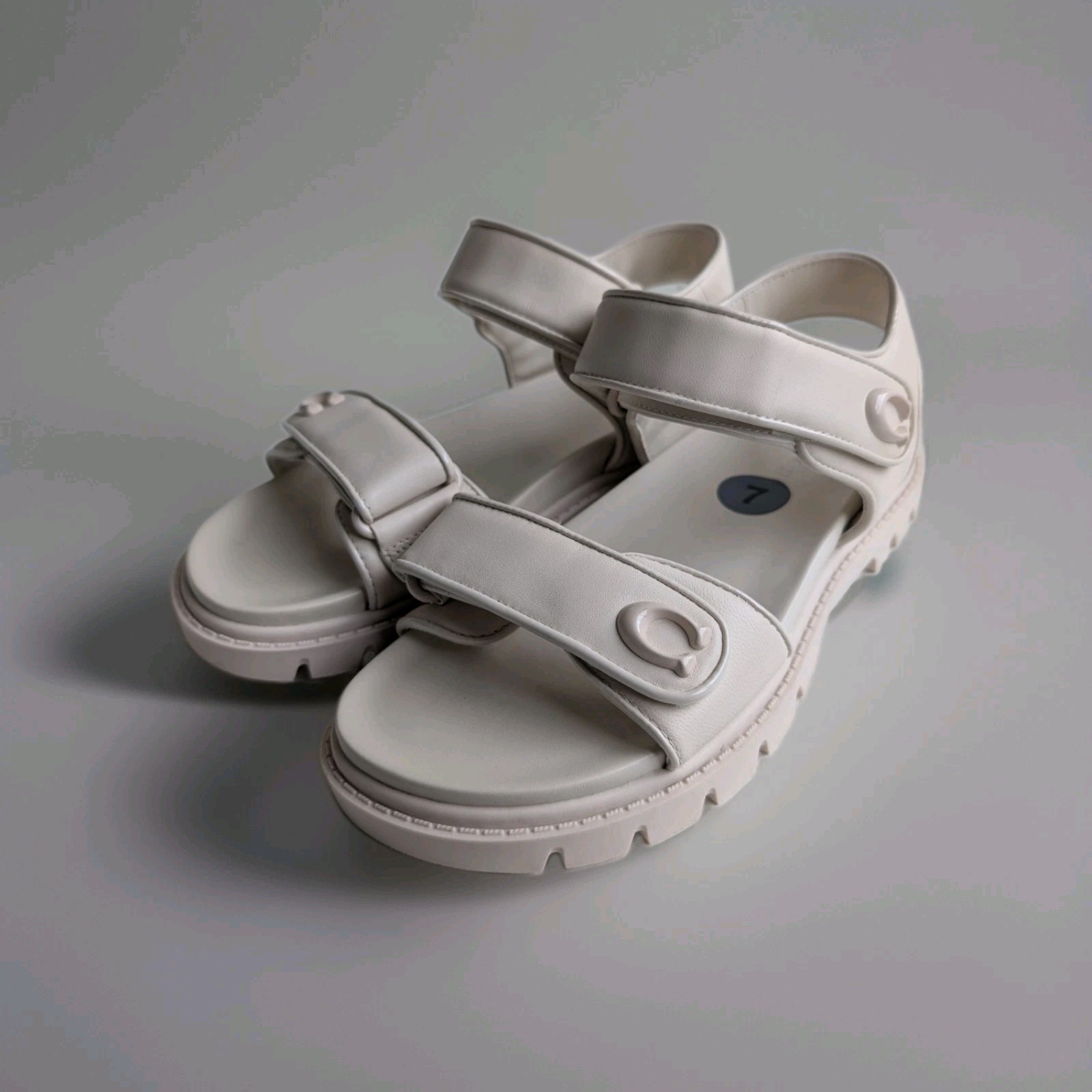 Coach Size 7 Brynn Leather Double Band Straps Sandals C Logo Comfort Chalk Ivory