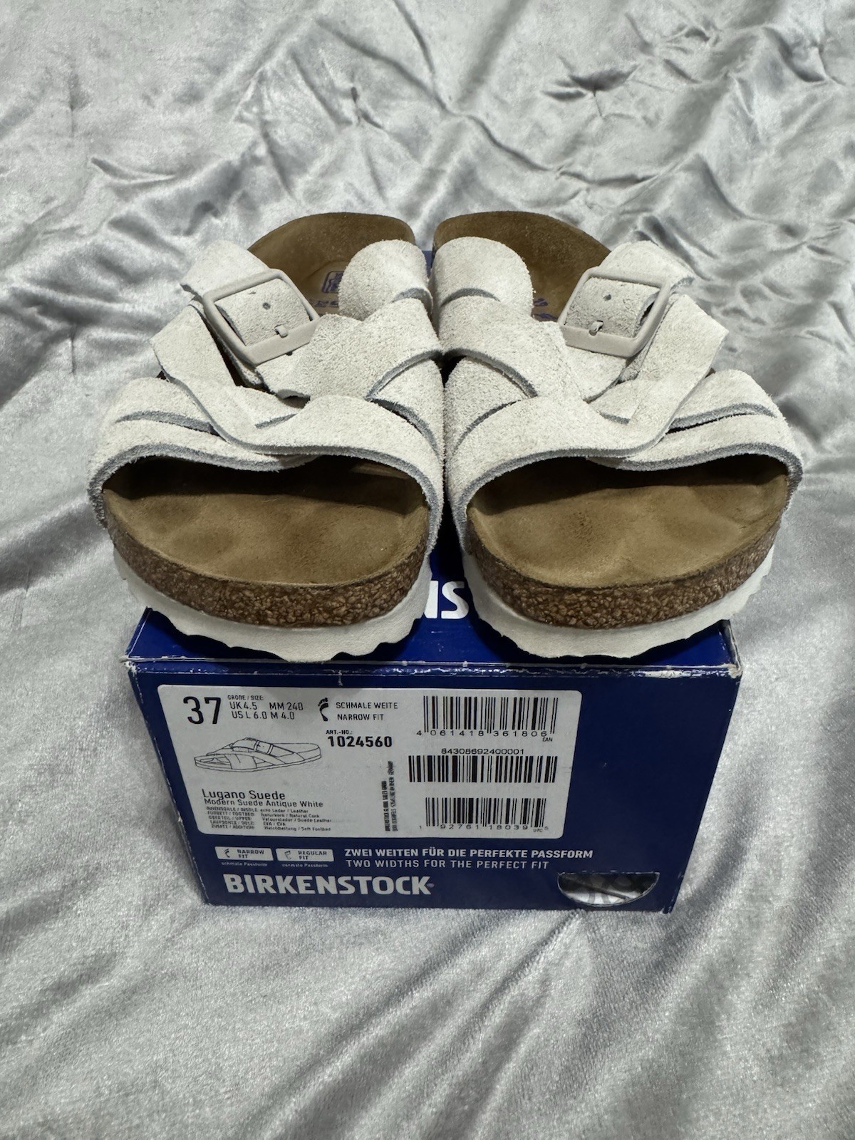 BIRKENSTOCK Lugano Soft Footbed Antique White Suede Women’s Size 37 Narrow Fit