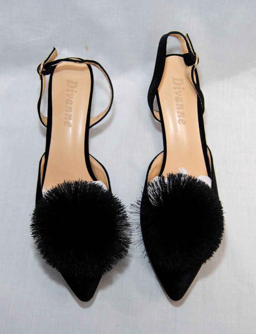 Divanne Women’s Puff Pompom Slingback Pumps Pointed Toe Kitten Heels New T2346