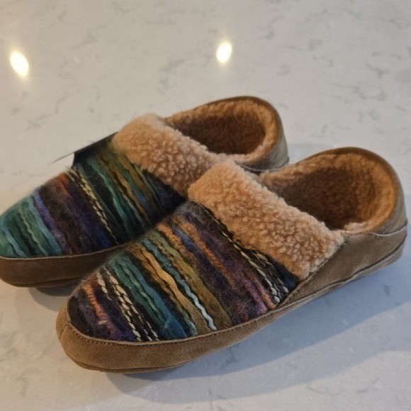 Lamo Footwear Briony Womens Suede Textile Striped Faux Fur Slippers EW2143 Tan