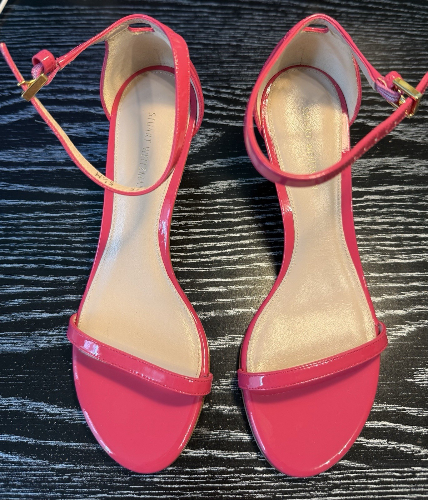 New Stuart Weitzman Pink Patent Leather Open Toe Strappy Buckle Heels US 5.5