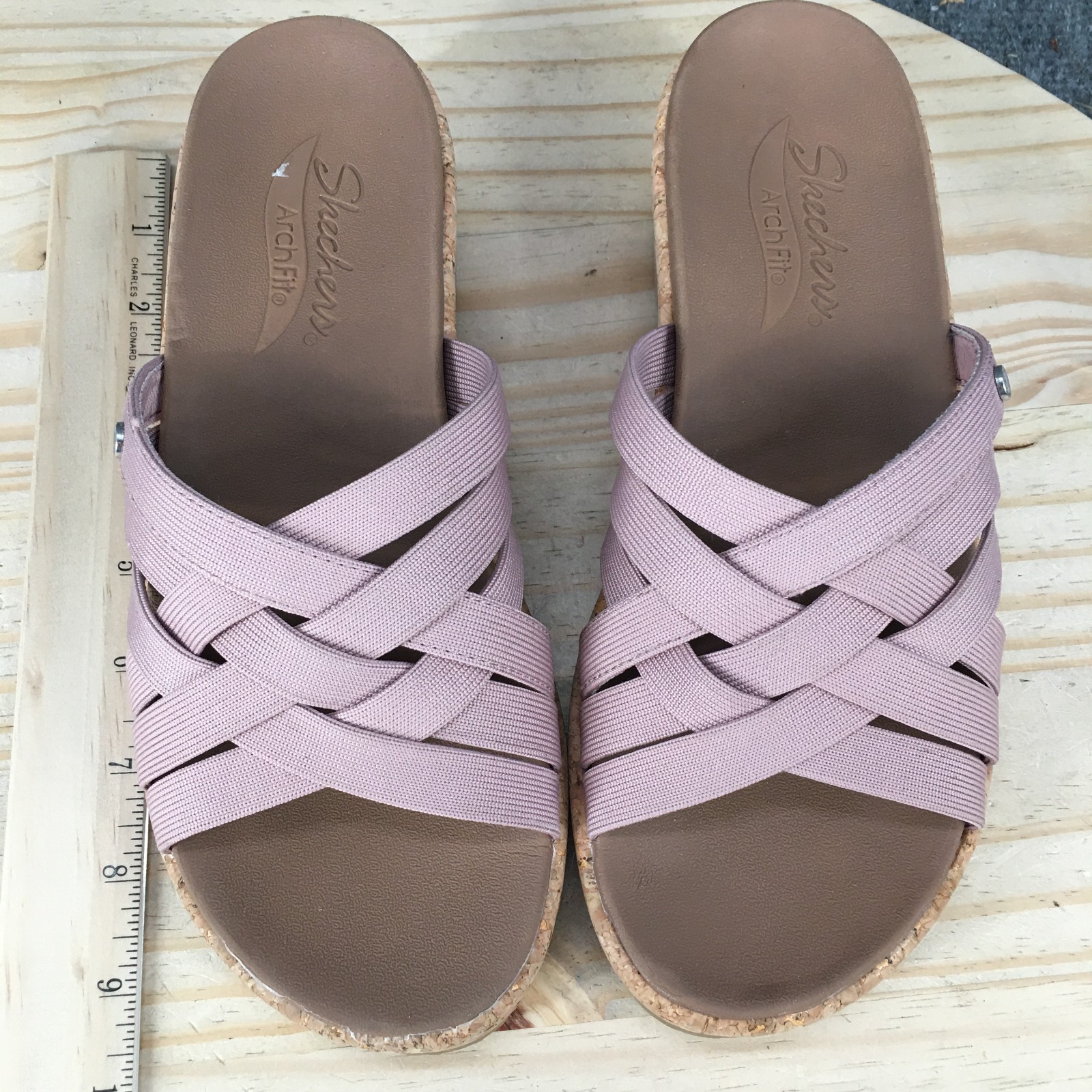 Skechers Arch Fit Beverlee Sandals Womens 7 Cork Wedge Slide 119258 Mauve Purple