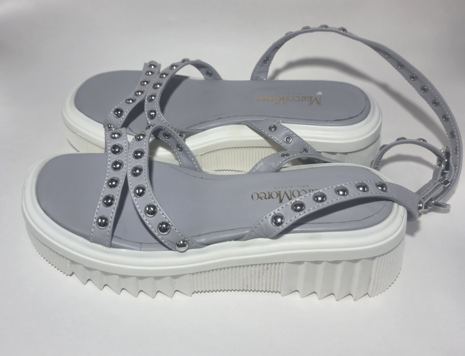 Marco Moreo Made in Italy Platform Sandals EU 39 Gray Studded Ankle Strap Chunky