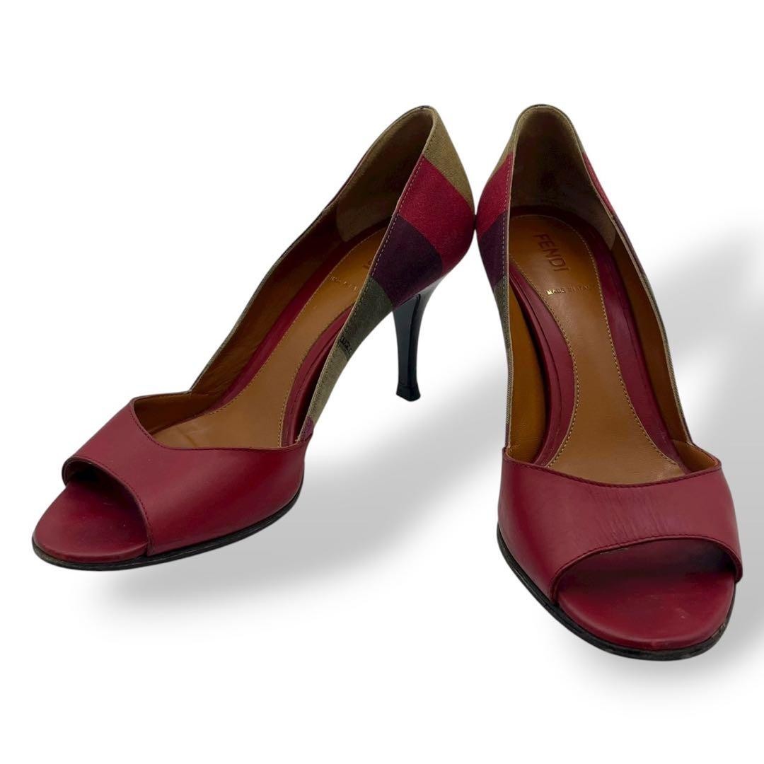 Rare Fendi Open Toe Striped Leather Heels Red Size 36 US 6.5 EU 36